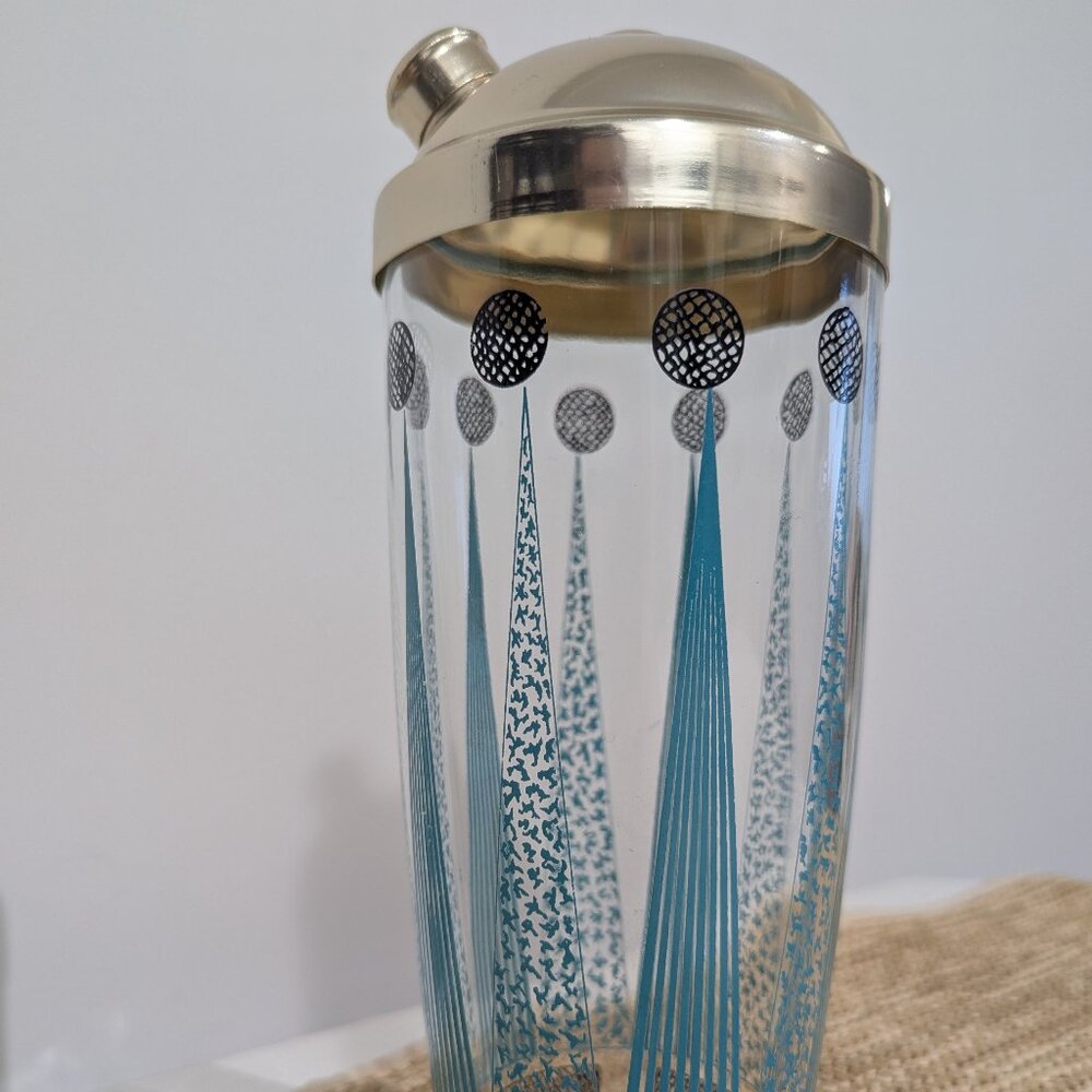 MCM Mid-Century Modern Cocktail Shaker with Aqua and Black Geometric Decoration